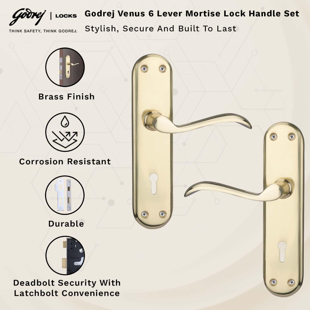 Godrej Mortise Door Lock Handle Set | 175mm Venus | 6-Lever Locking Mechanism | Reversible Latchbolt | Suitable for Left and Right Handed Doors Brass Finish| 5 YEARS WARRANTY